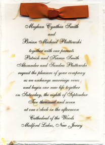 Marigold invitation with Pimpernel satin ribbon