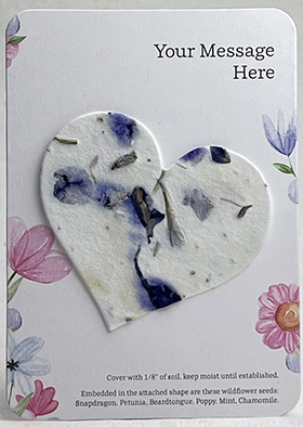 seed paper heart attached to a memorial card