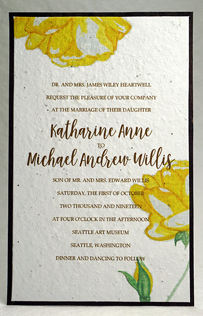 Watercolor Yellow Rose print seed paper invitation 5x7