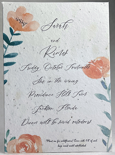 Peony print seed paper invitation 5x7