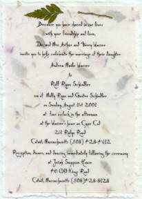 Click to order 5" x 7" Handmade invitation with vellum overlay and leather fern attachment