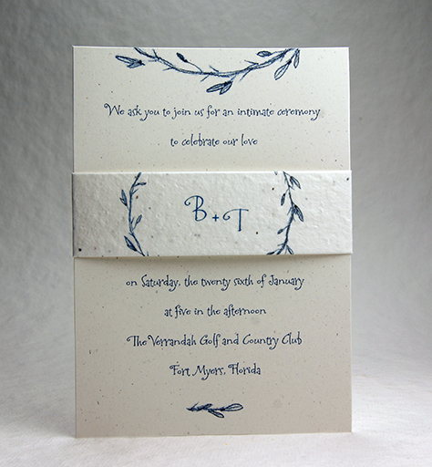 5x7 wedding invitation with blue wreath design